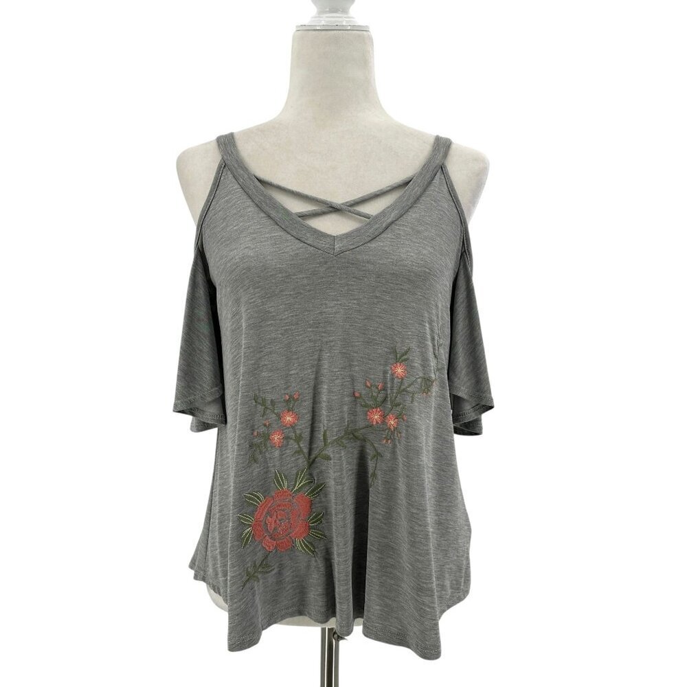 Alya Womens Small Top Embroidered Floral Cut Out Sleeve Gray V-neck